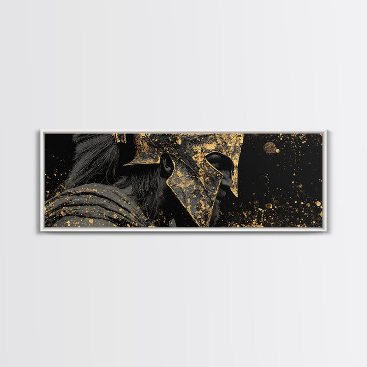 Spartan Helmet Warrior, Ancient Greek Mythological Armor Symbol Artwork, Gold Canvas Print, Real Wood Frame Wall Decor