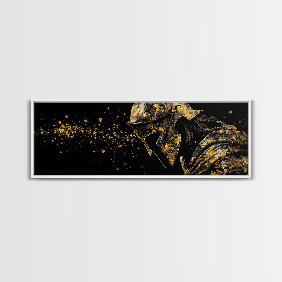 Greek Warrior With Cloak, Ancient Spartan Helmet Decorative Wall Artwork, Gold Canvas Print, Real Wood Frame Wall Decor