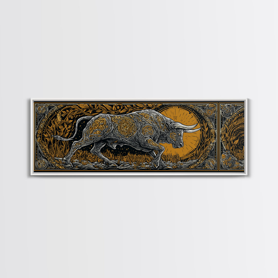 Ornamental Bull Design, Mythical Strength Symbol Wall Decor, Gold Canvas Print, Real Wood Framed Art