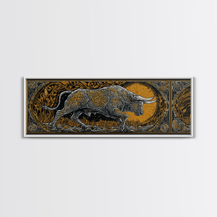 Ornamental Bull Design, Mythical Strength Symbol Wall Decor, Gold Canvas Print, Real Wood Framed Art