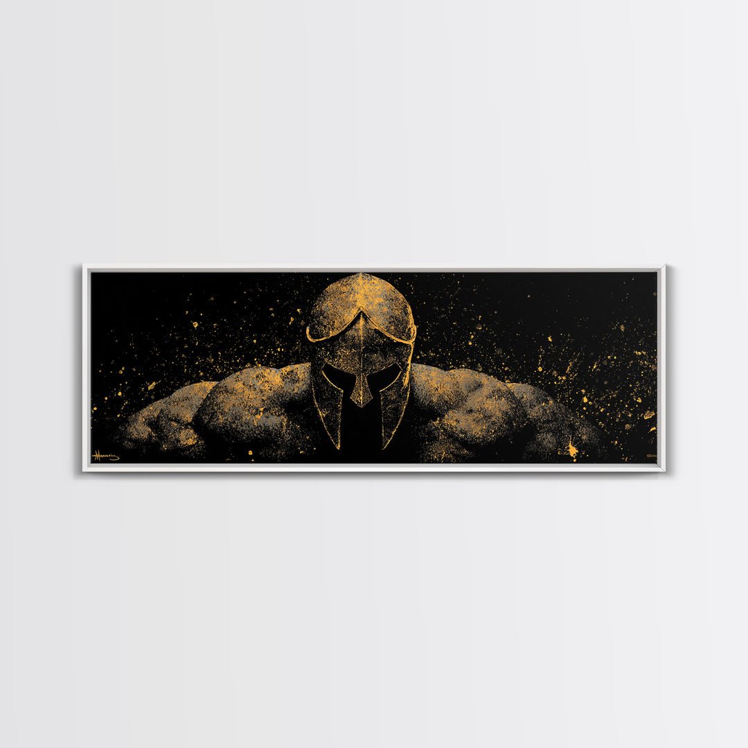 Spartan Warrior Front View, Ancient Greek Helmet Strength Symbol Decorative Artwork, Gold Canvas Print, Real Wood Frame Art