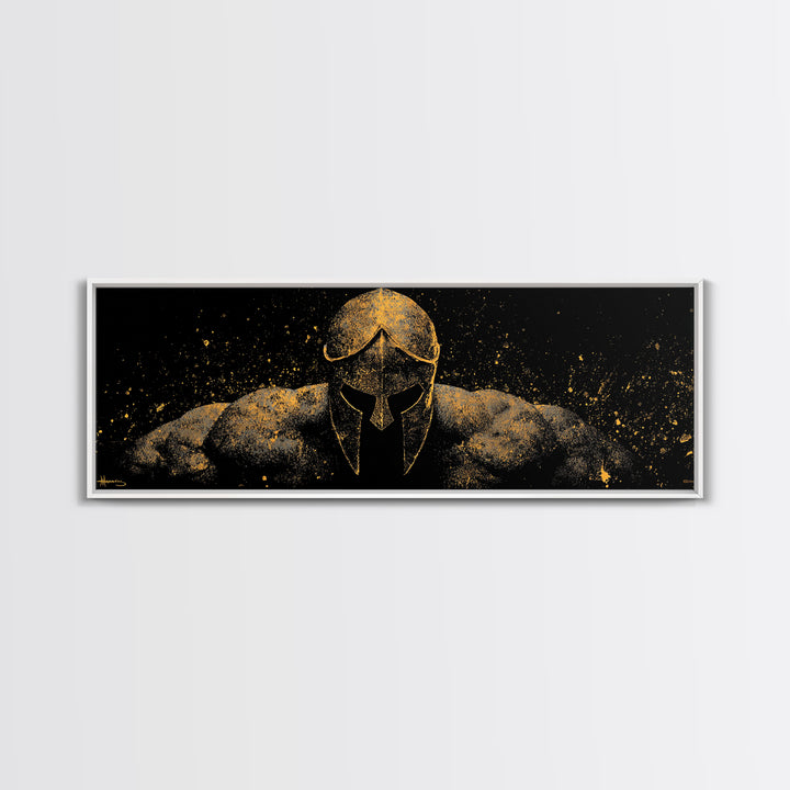 Spartan Warrior Front View, Ancient Greek Helmet Strength Symbol Decorative Artwork, Gold Canvas Print, Real Wood Frame Art