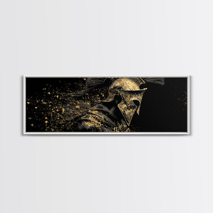 Greek Warrior Side Portrait, Ancient Spartan Helmet Mythological Decorative Artwork, Gold Canvas Print, Real Wood Frame Decor