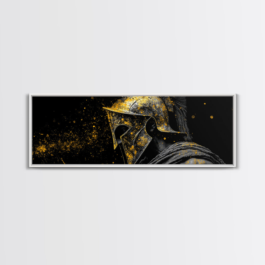 Greek Warrior Face Close Up, Spartan Helmet Intense Gaze Decorative Artwork, Gold Canvas Print, Real Wood Frame Wall Art