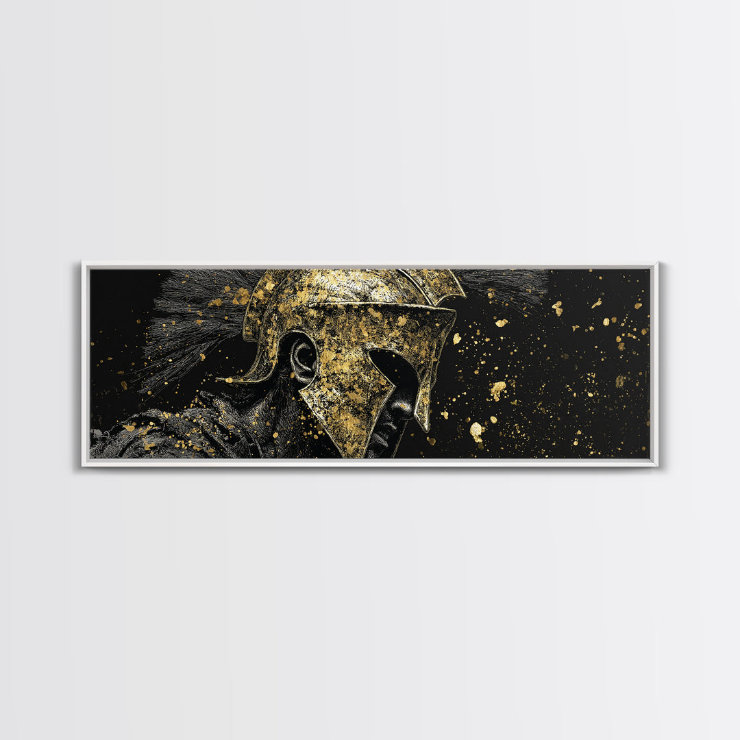 Greek Warrior Side View, Ancient Spartan Helmet With Cloak Decorative Artwork, Gold Canvas Print, Real Wood Frame Wall Decor