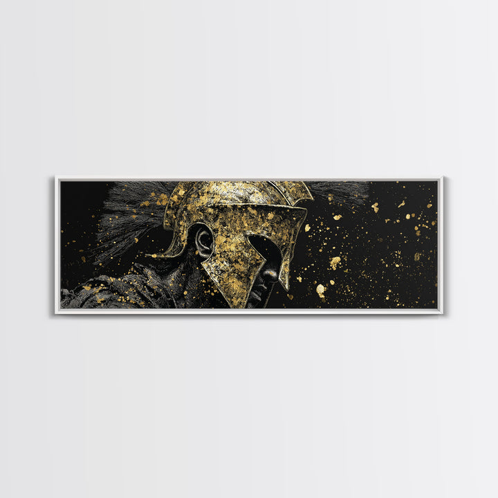 Greek Warrior Side View, Ancient Spartan Helmet With Cloak Decorative Artwork, Gold Canvas Print, Real Wood Frame Wall Decor