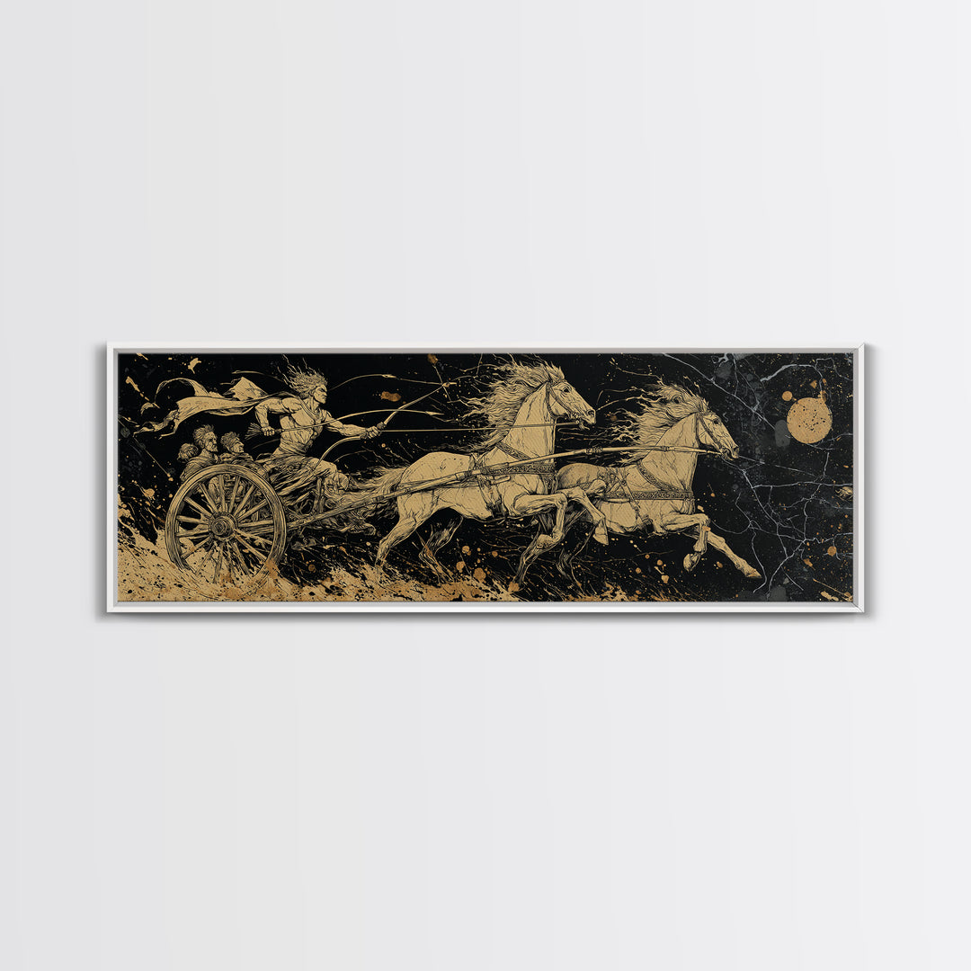 Ancient Chariot Rider, Mythical Warrior Battle Scene Wall Decor, Gold Canvas Print, Real Wood Frame Art