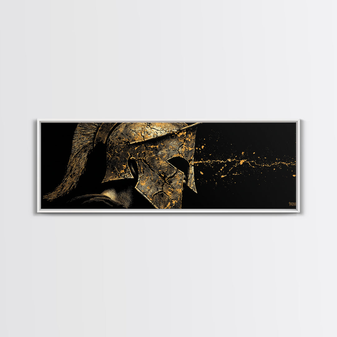 Spartan Warrior Detailed Helmet, Ancient Greek Hero Symbolic Decorative Artwork, Gold Canvas Print, Real Wood Frame Wall Decor