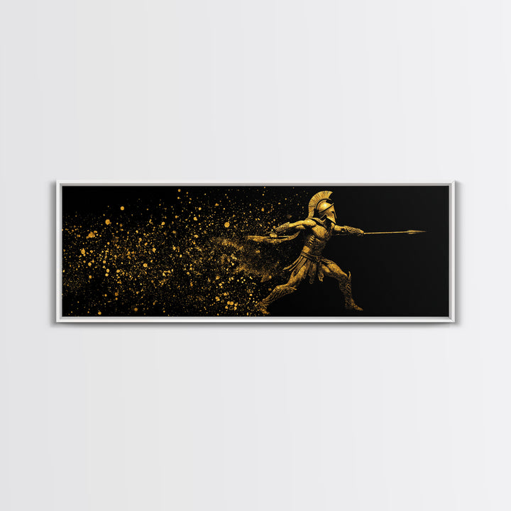 Greek Warrior With Spear, Ancient Spartan Heroic Battle Scene Decorative Artwork, Gold Canvas Print, Real Wood Frame Wall Art