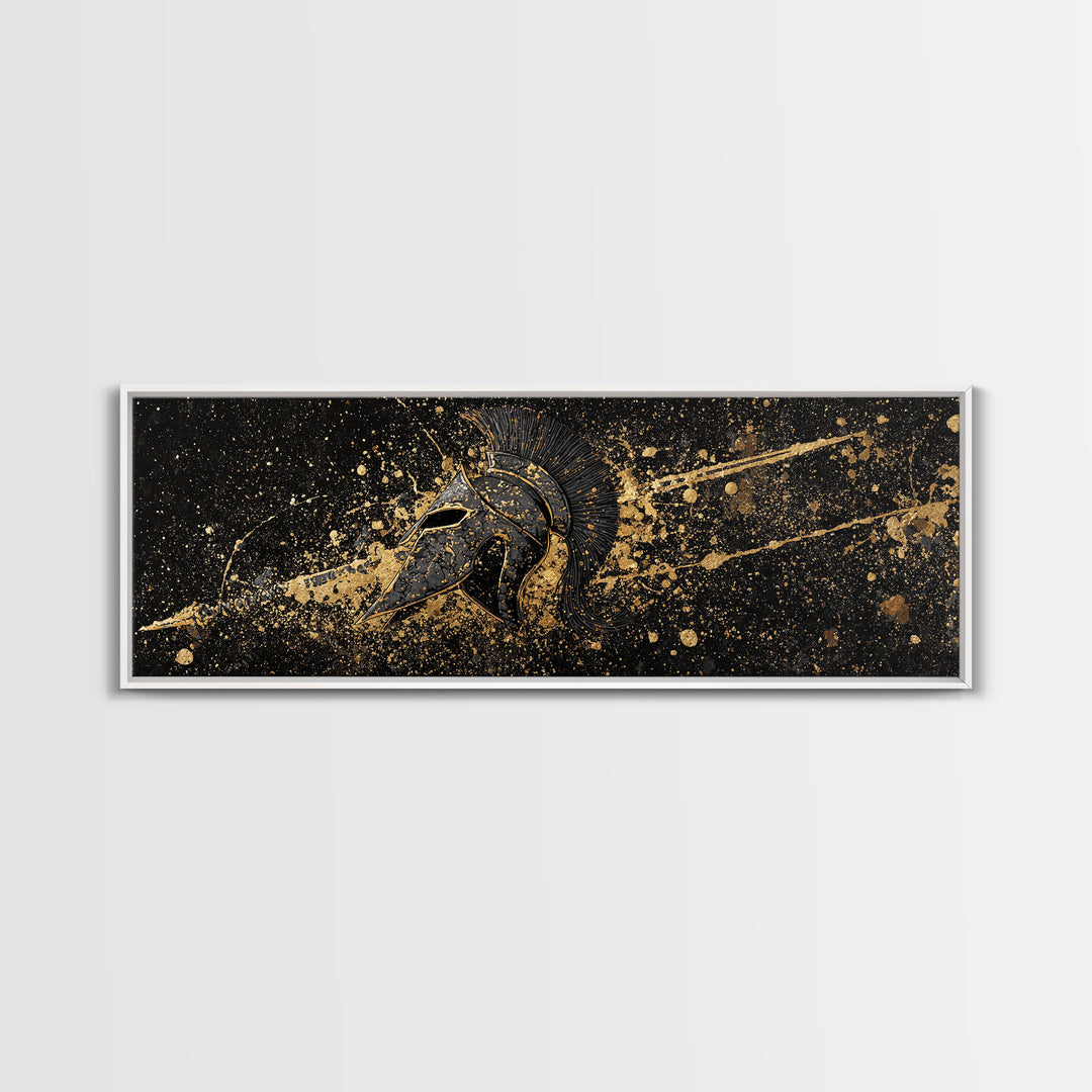 Spartan Helmet Warrior Portrait, Ancient Greek Hero Symbol Decorative Artwork, Gold Canvas Print, Real Wood Frame Mythology Art