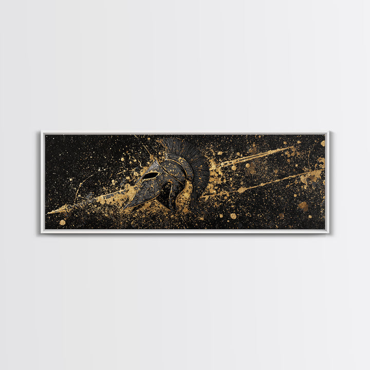Spartan Helmet Warrior Portrait, Ancient Greek Hero Symbol Decorative Artwork, Gold Canvas Print, Real Wood Frame Mythology Art