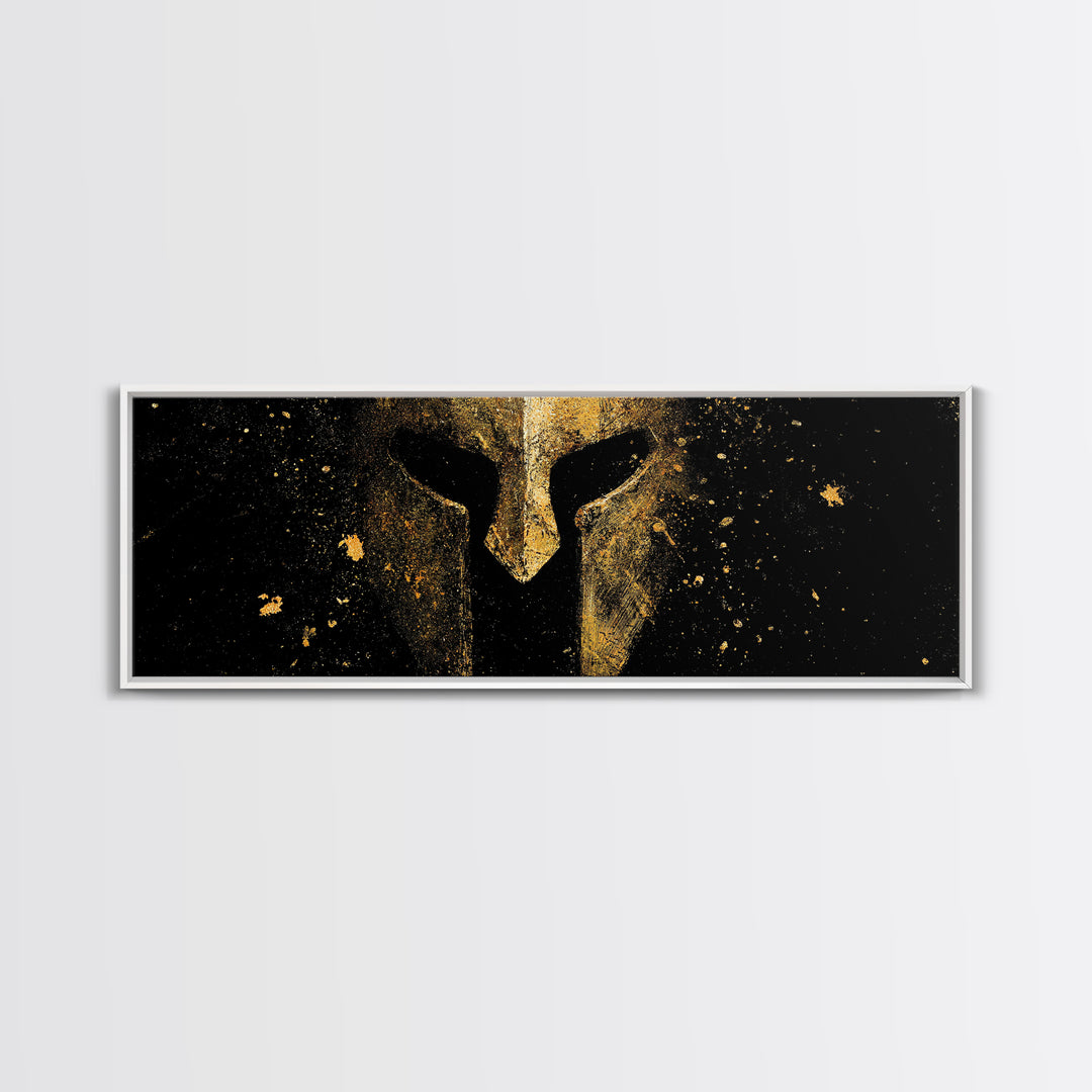 Spartan Helmet Close Detail, Ancient Greek Warrior Decorative Mythological Artwork, Gold Canvas Print, Real Wood Frame Wall Art