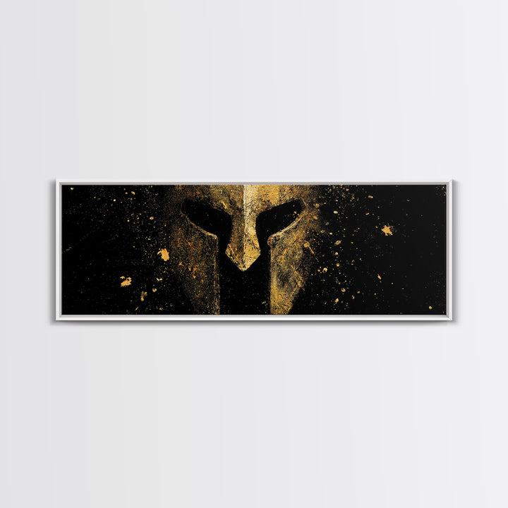Spartan Helmet Close Detail, Ancient Greek Warrior Decorative Mythological Artwork, Gold Canvas Print, Real Wood Frame Wall Art