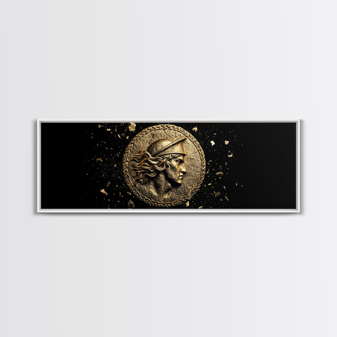 Ancient Greek Coin Relief Portrait, Historical Mythology Gold Canvas Print, Classical Wall Art, Real Wood Frame