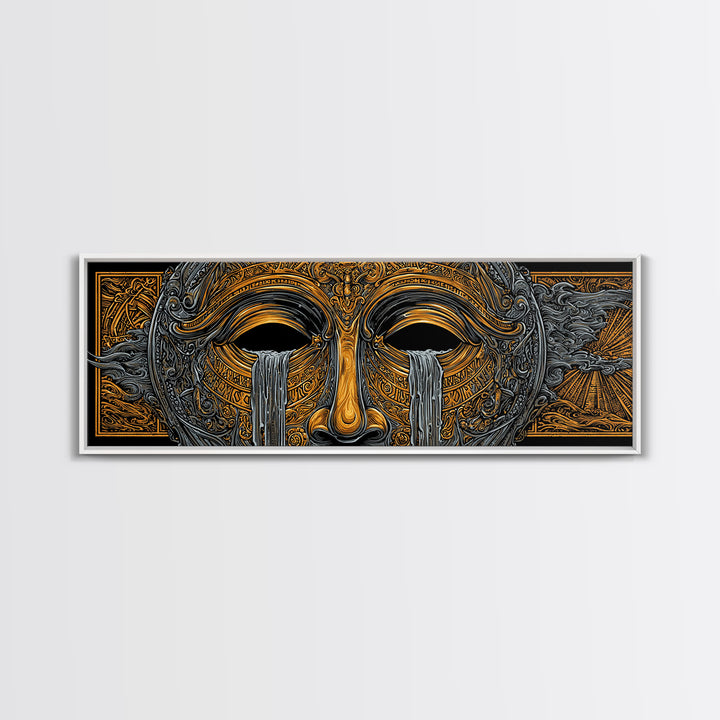 Mythical Golden Mask Illustration, Surreal Greek Inspired Gold Canvas Print, Fantasy Wall Art, Real Wood Frame