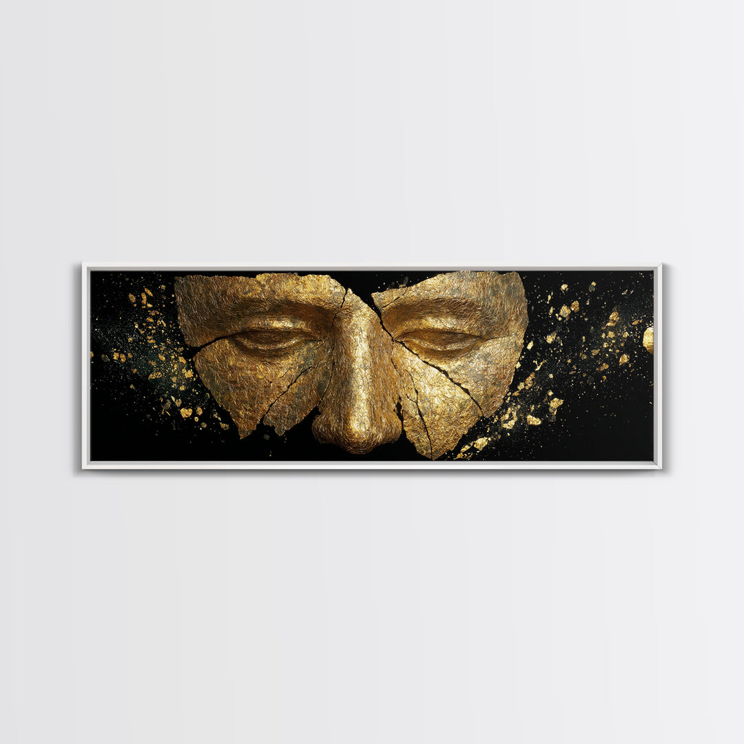 Cracked Ancient Golden Mask, Mythological Relic Gold Canvas Print, Unique Fantasy Wall Art, Real Wood Frame