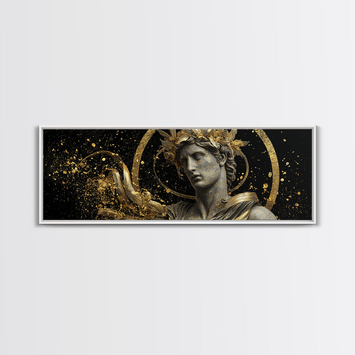 Apollo Bust With Golden Halo, Ancient Greek God Gold Canvas Print, Mythology Sculpture Wall Art, Real Wood Frame