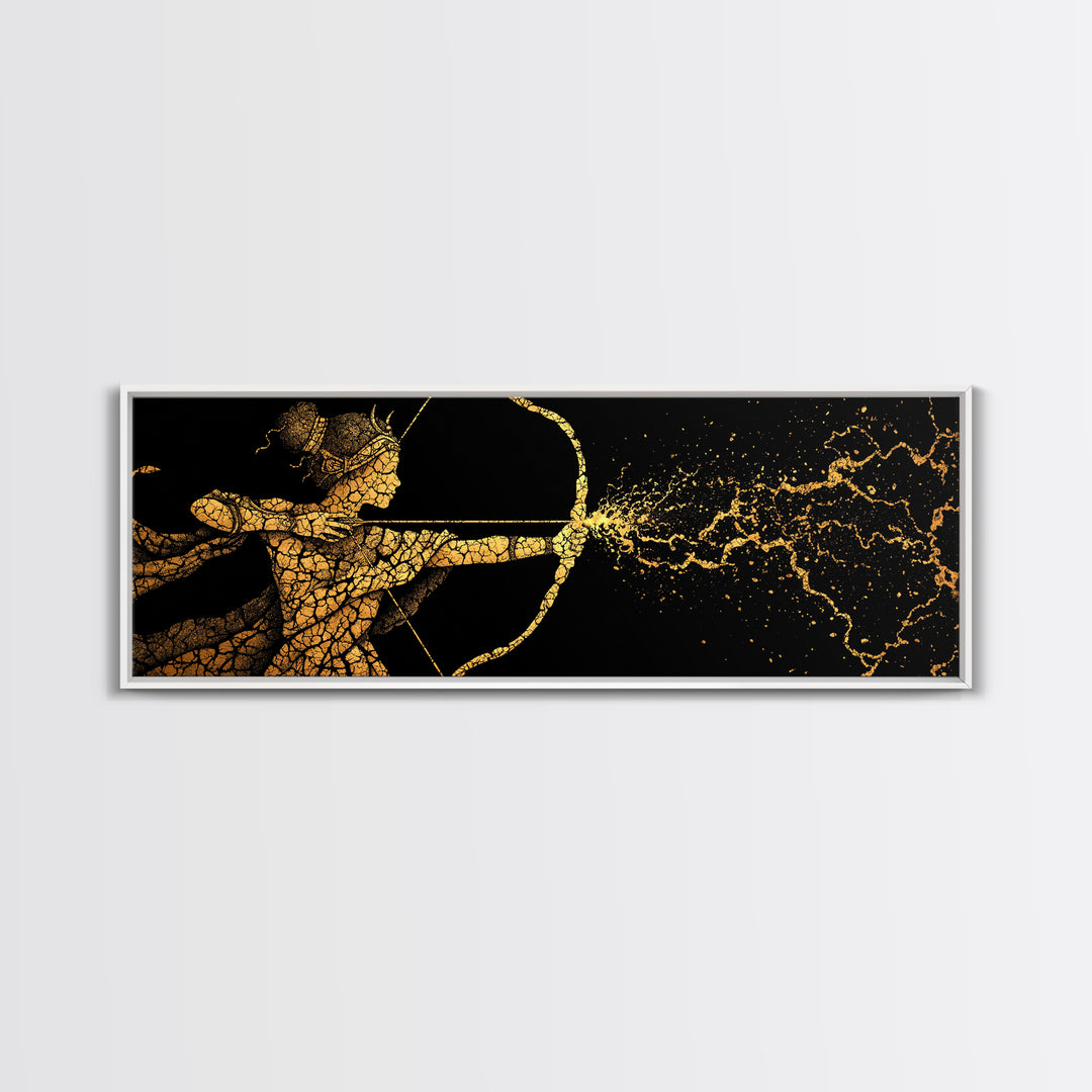Artemis Golden Archer Illustration, Ancient Greek Goddess Gold Canvas Print, Mythology Wall Art, Real Wood Frame