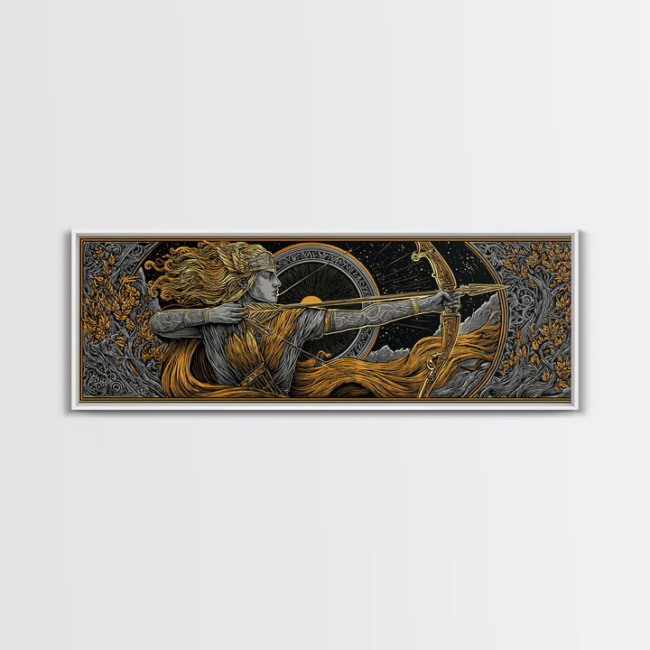 Greek Goddess Artemis With Bow, Mythological Archer Gold Canvas Print, Fantasy Wall Art, Real Wood Frame