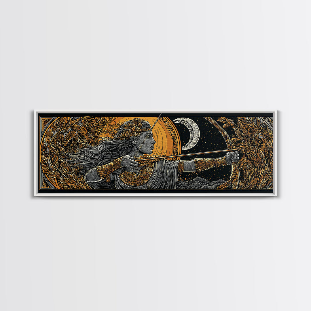 Artemis Moon Goddess Archer, Mythology Inspired Gold Canvas Print, Greek Goddess Wall Art, Real Wood Frame