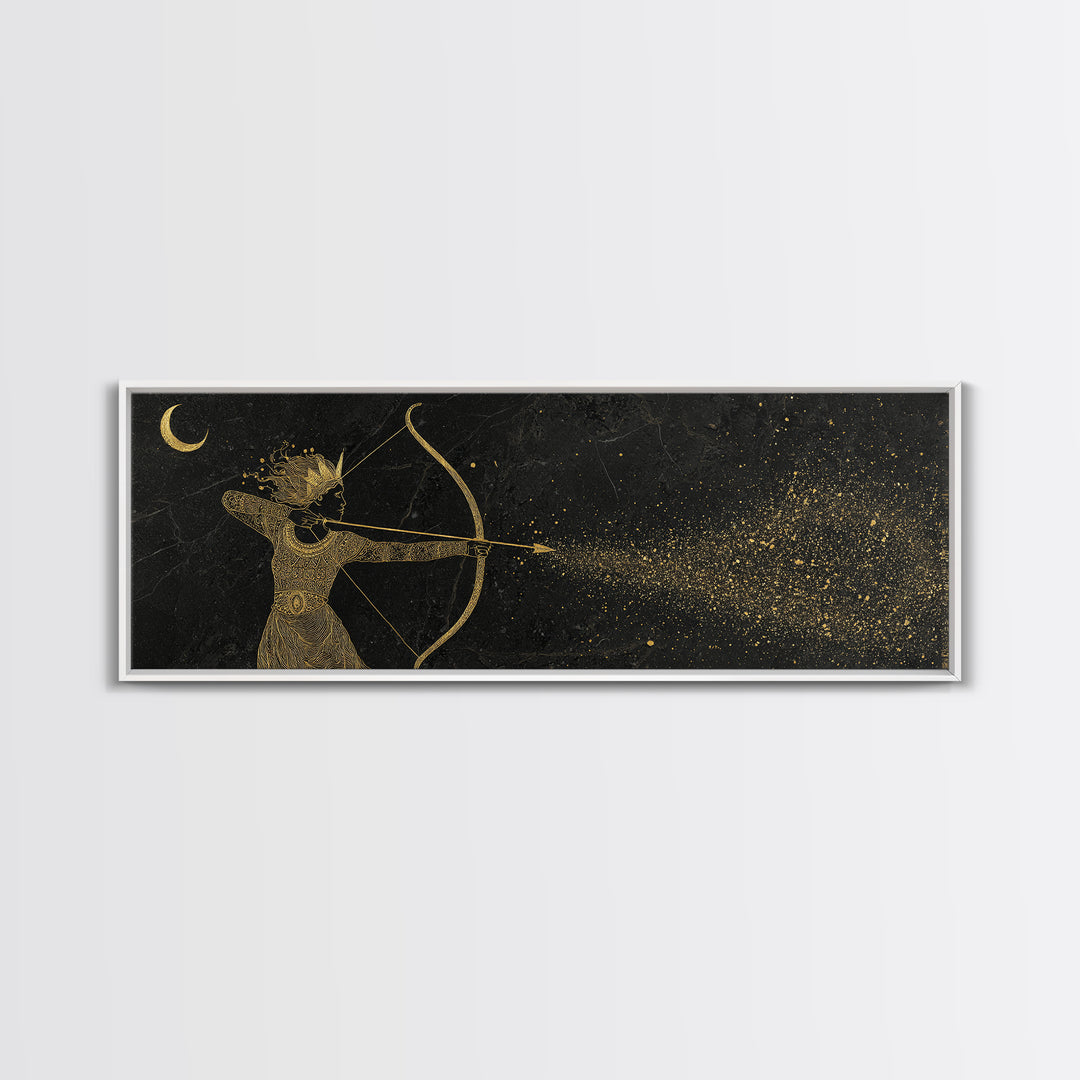 Celestial Artemis Shooting Stars, Ancient Greek Goddess Gold Canvas Print, Mythology Wall Art, Real Wood Frame