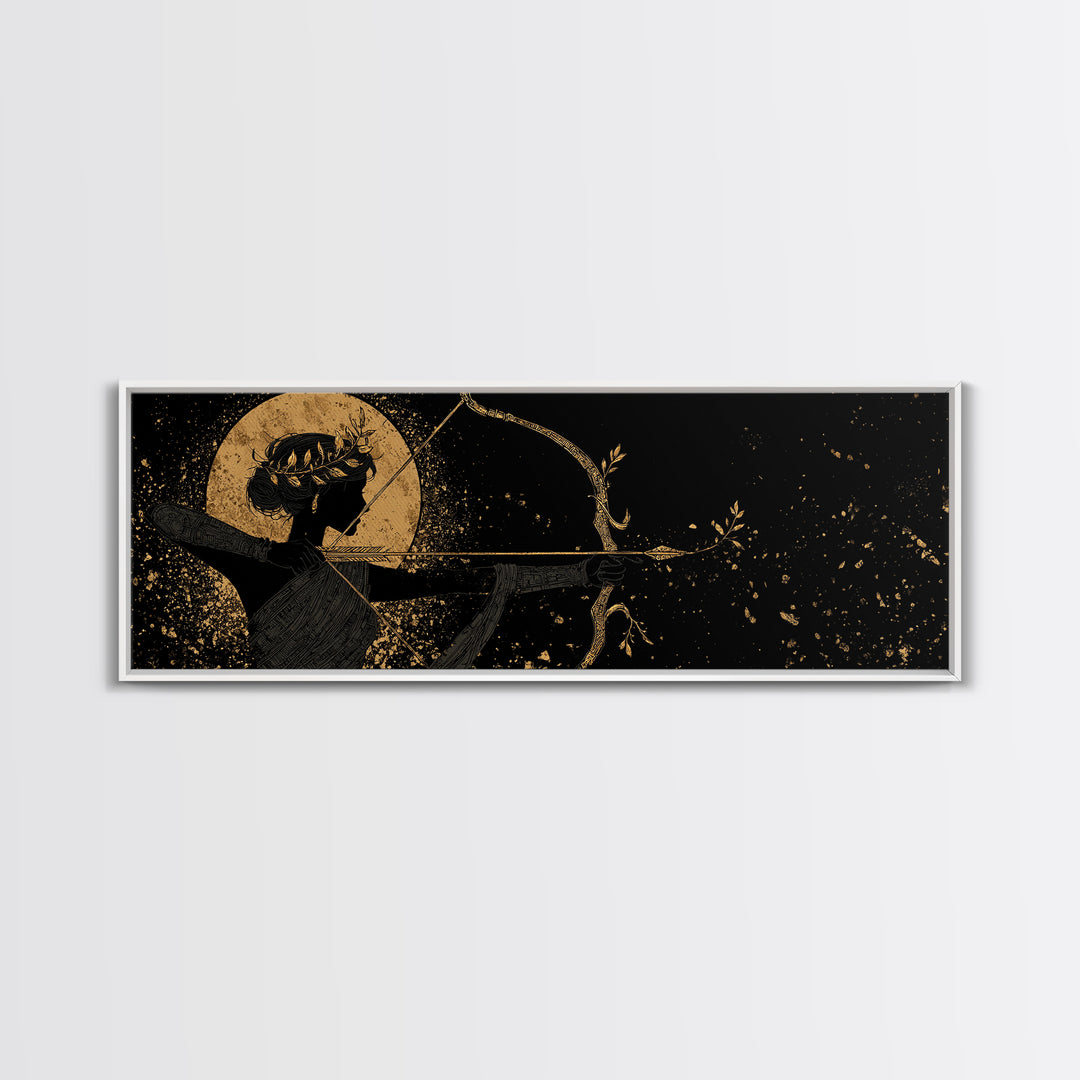 Divine Artemis With Bow And Moon, Mythology Inspired Gold Canvas Print, Goddess Wall Art, Real Wood Frame