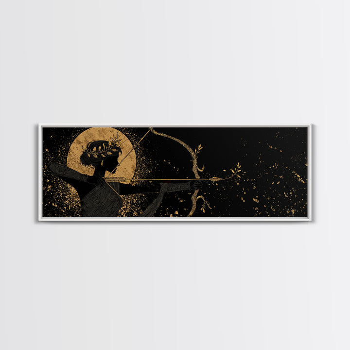 Divine Artemis With Bow And Moon, Mythology Inspired Gold Canvas Print, Goddess Wall Art, Real Wood Frame