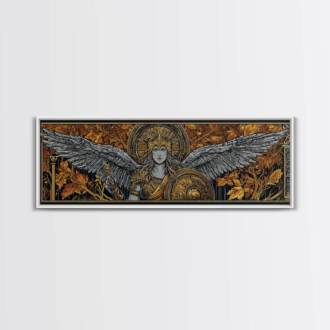 Athena With Wings And Shield, Ancient Greek Goddess Gold Canvas Print, Mythology Warrior Wall Art, Real Wood Frame
