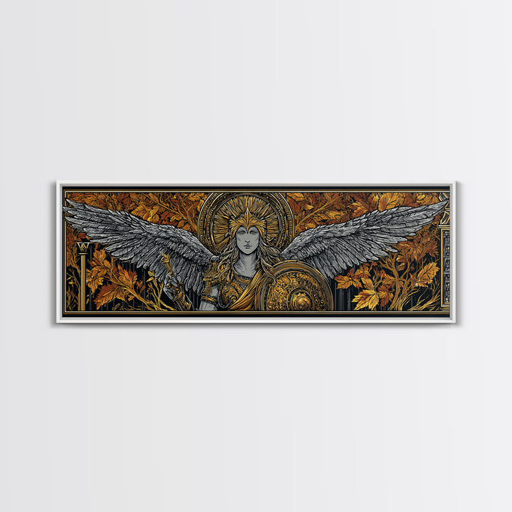 Athena With Wings And Shield, Ancient Greek Goddess Gold Canvas Print, Mythology Warrior Wall Art, Real Wood Frame