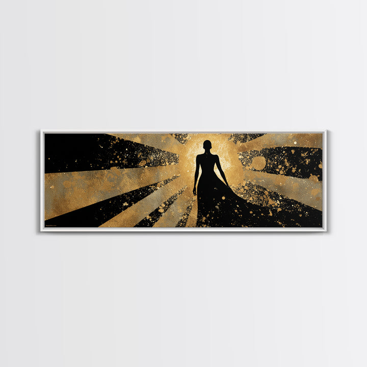 Divine Goddess Silhouette, Radiant Light Rays Wall Decor, Gold Canvas Print, Luxury Mythology Art, Real Wood Frame