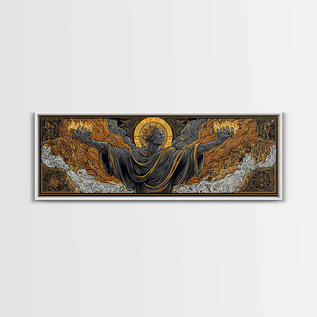 Ancient Titan With Flames, Mythology God Wall Art, Gold Canvas Print, Dramatic Greek Decor, Real Wood Frame