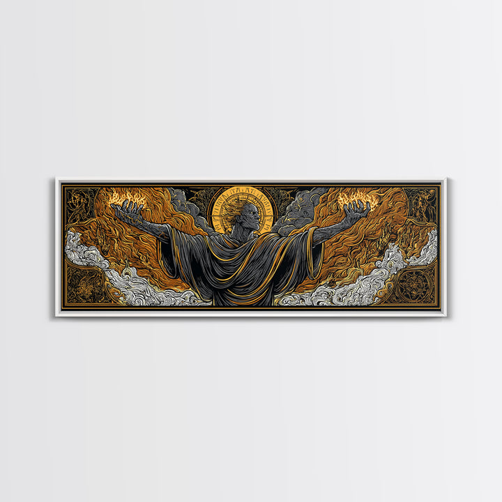 Ancient Titan With Flames, Mythology God Wall Art, Gold Canvas Print, Dramatic Greek Decor, Real Wood Frame