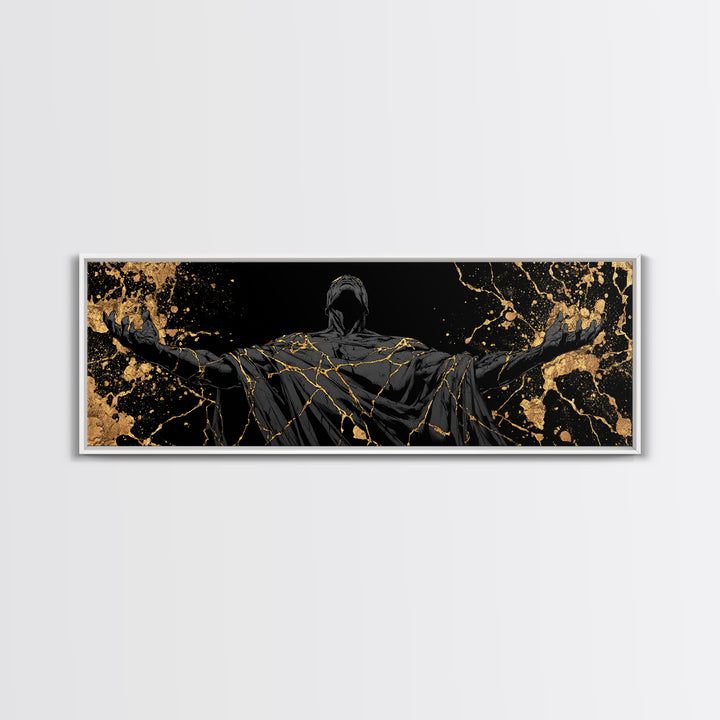 Broken God Kintsugi Style, Abstract Mythology Figure, Gold Canvas Print, Elegant Modern Wall Art, Real Wood Frame