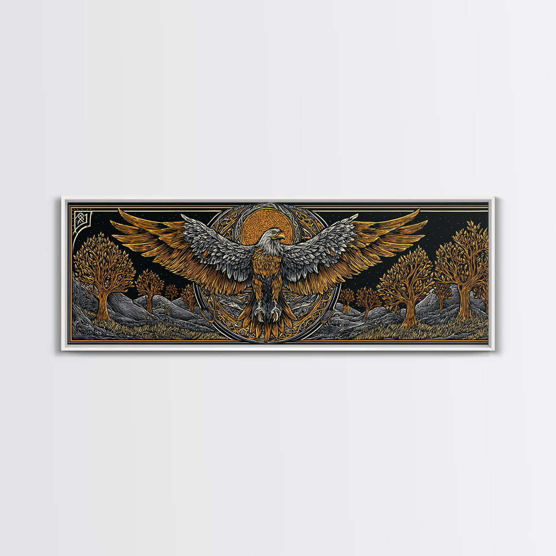 Eagle With Outstretched Wings, Mythology Bird Wall Decor, Gold Canvas Print, Symbolic Strength Art, Real Wood Frame