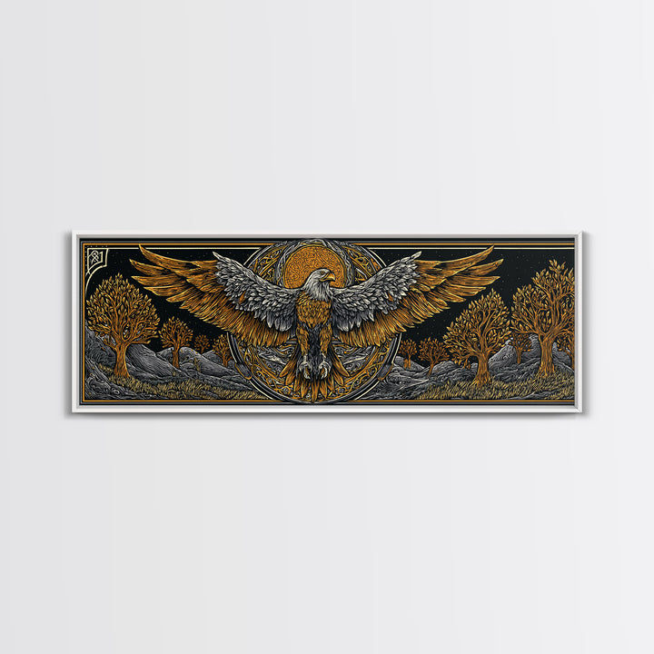 Eagle With Outstretched Wings, Mythology Bird Wall Decor, Gold Canvas Print, Symbolic Strength Art, Real Wood Frame