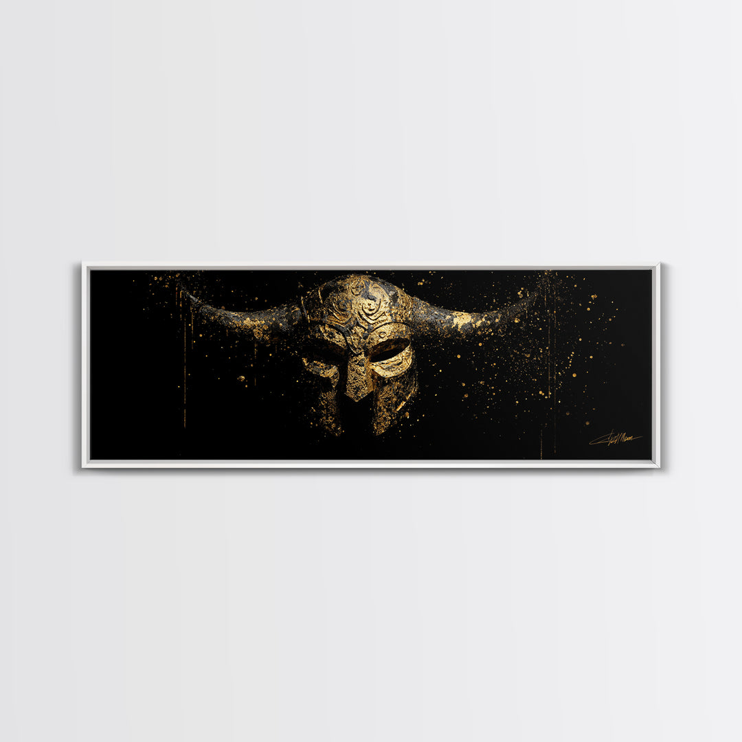 Warrior Viking Helmet, Norse Mythology Wall Art, Gold Canvas Print, Dramatic Historical Decor, Real Wood Frame