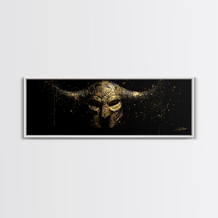 Warrior Viking Helmet, Norse Mythology Wall Art, Gold Canvas Print, Dramatic Historical Decor, Real Wood Frame