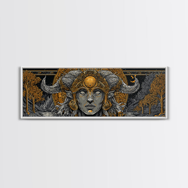 Horned Goddess Portrait, Celtic Mythology Wall Decor, Gold Canvas Print, Fantasy Pagan Inspired Art, Real Wood Frame