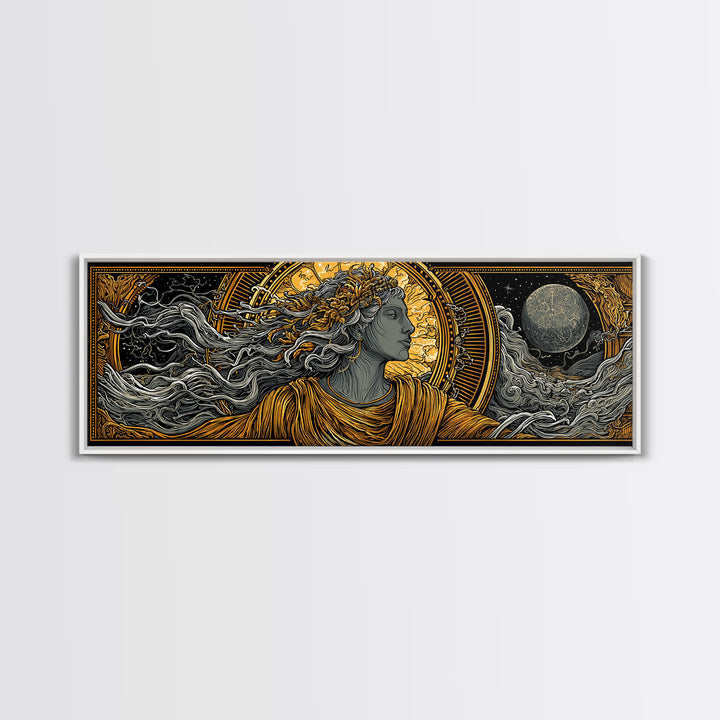 Solar Goddess With Moon, Celestial Mythology Wall Art, Gold Canvas Print, Elegant Greek Inspired Decor, Real Wood Frame