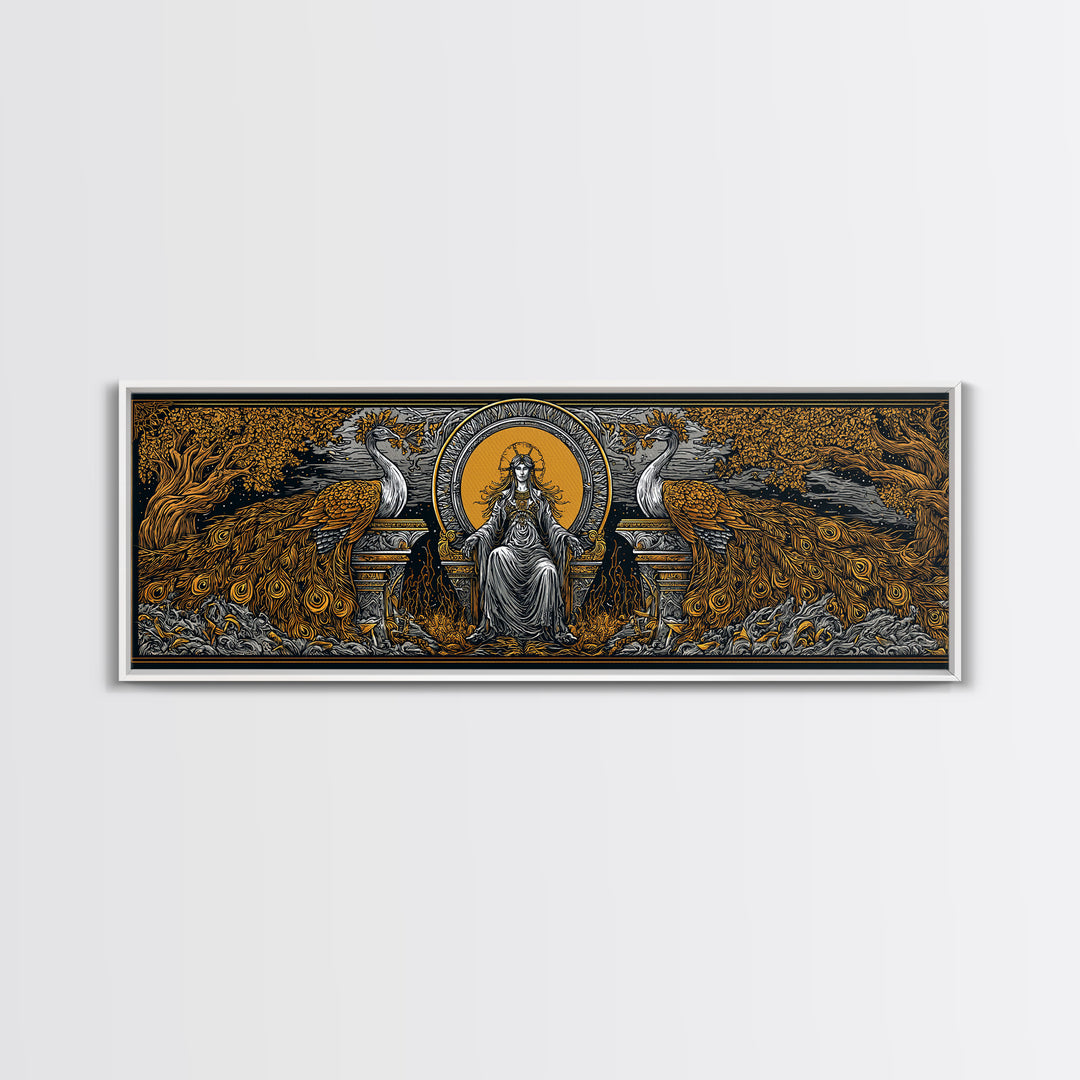 Queen Goddess With Peacocks, Mythology Regal Wall Art, Gold Canvas Print, Luxurious Divine Decor, Real Wood Frame
