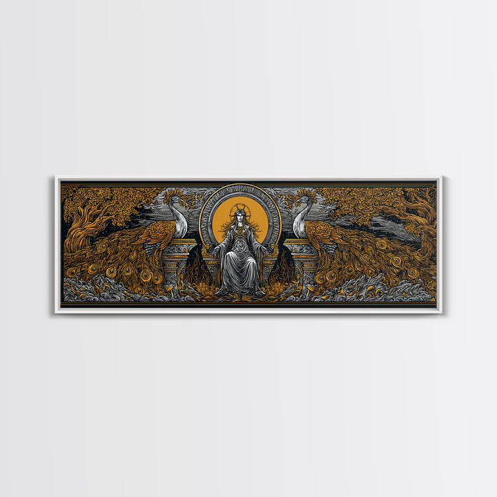 Queen Goddess With Peacocks, Mythology Regal Wall Art, Gold Canvas Print, Luxurious Divine Decor, Real Wood Frame