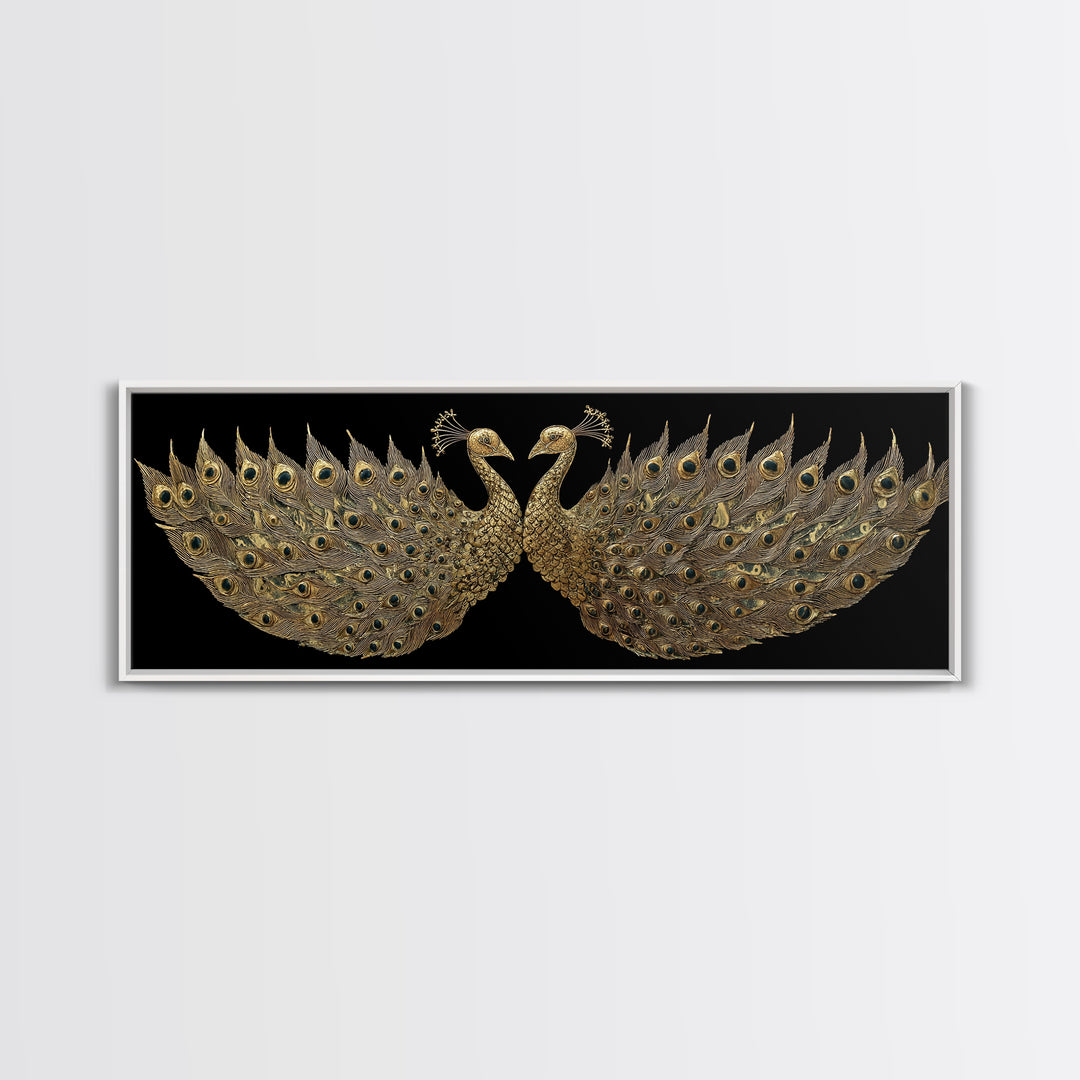 Twin Peacock Feathers, Elegant Bird Wall Decor, Gold Canvas Print, Symbolic Decorative Art, Real Wood Frame