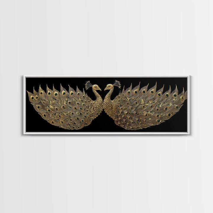 Twin Peacock Feathers, Elegant Bird Wall Decor, Gold Canvas Print, Symbolic Decorative Art, Real Wood Frame