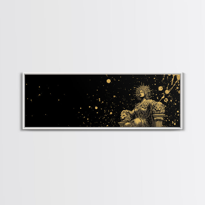 Celestial Goddess On Throne, Mythology Divine Wall Decor, Gold Canvas Print, Cosmic Starry Art, Real Wood Frame