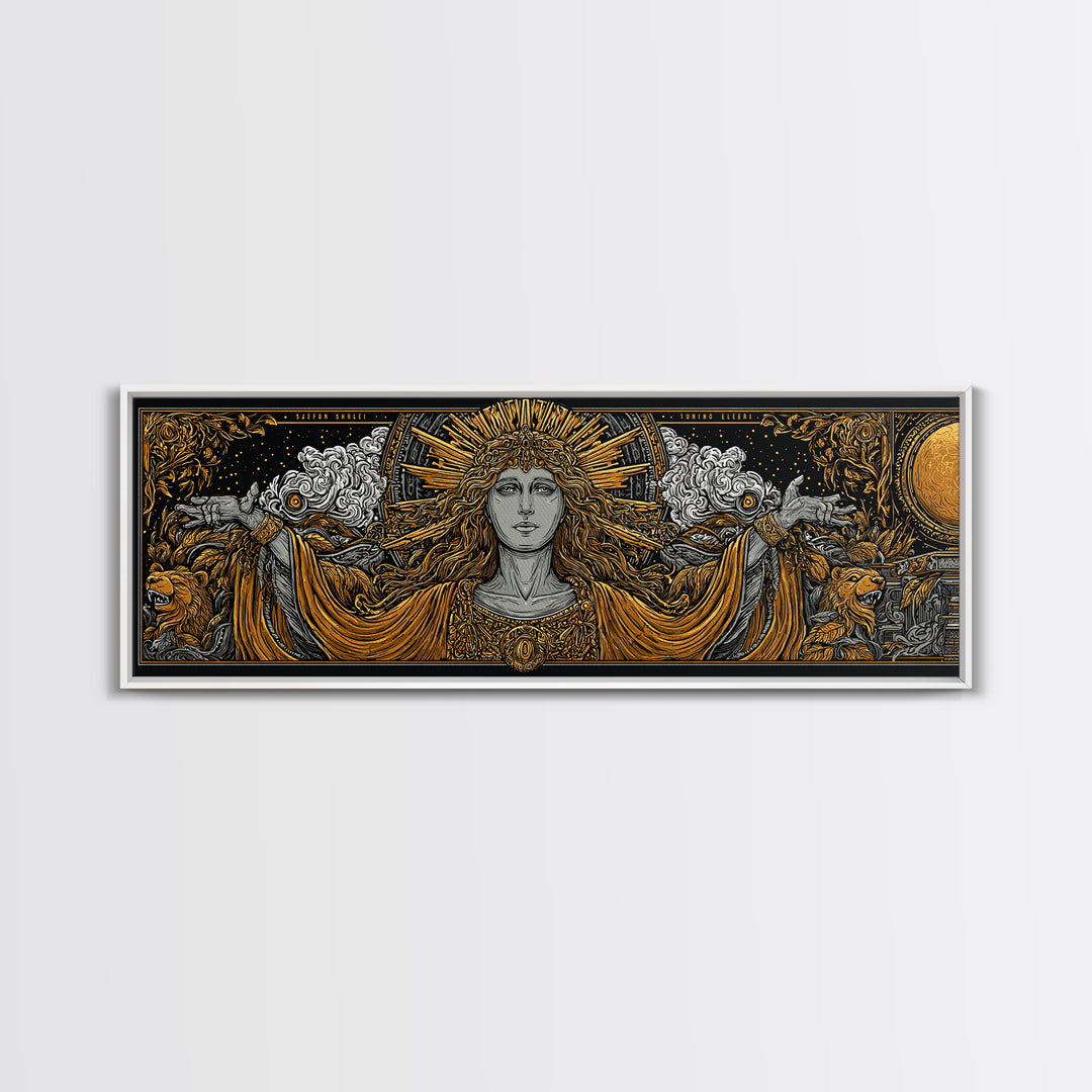 Hera Goddess Gold Canvas Print, Greek Mythology Wall Art, Regal Woman Illustration, Real Wood Frame, Luxury Home Decor