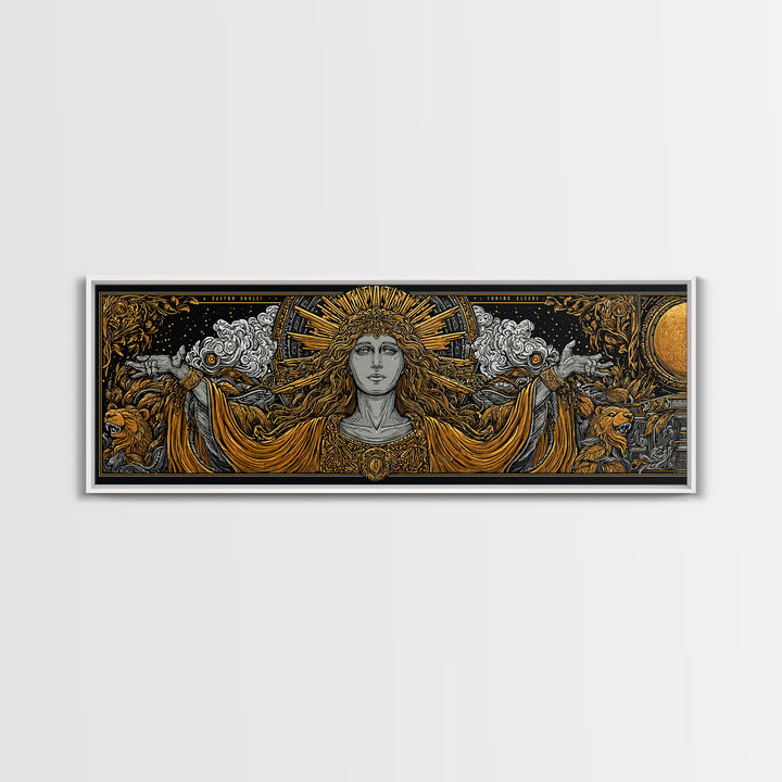 Hera Goddess Gold Canvas Print, Greek Mythology Wall Art, Regal Woman Illustration, Real Wood Frame, Luxury Home Decor