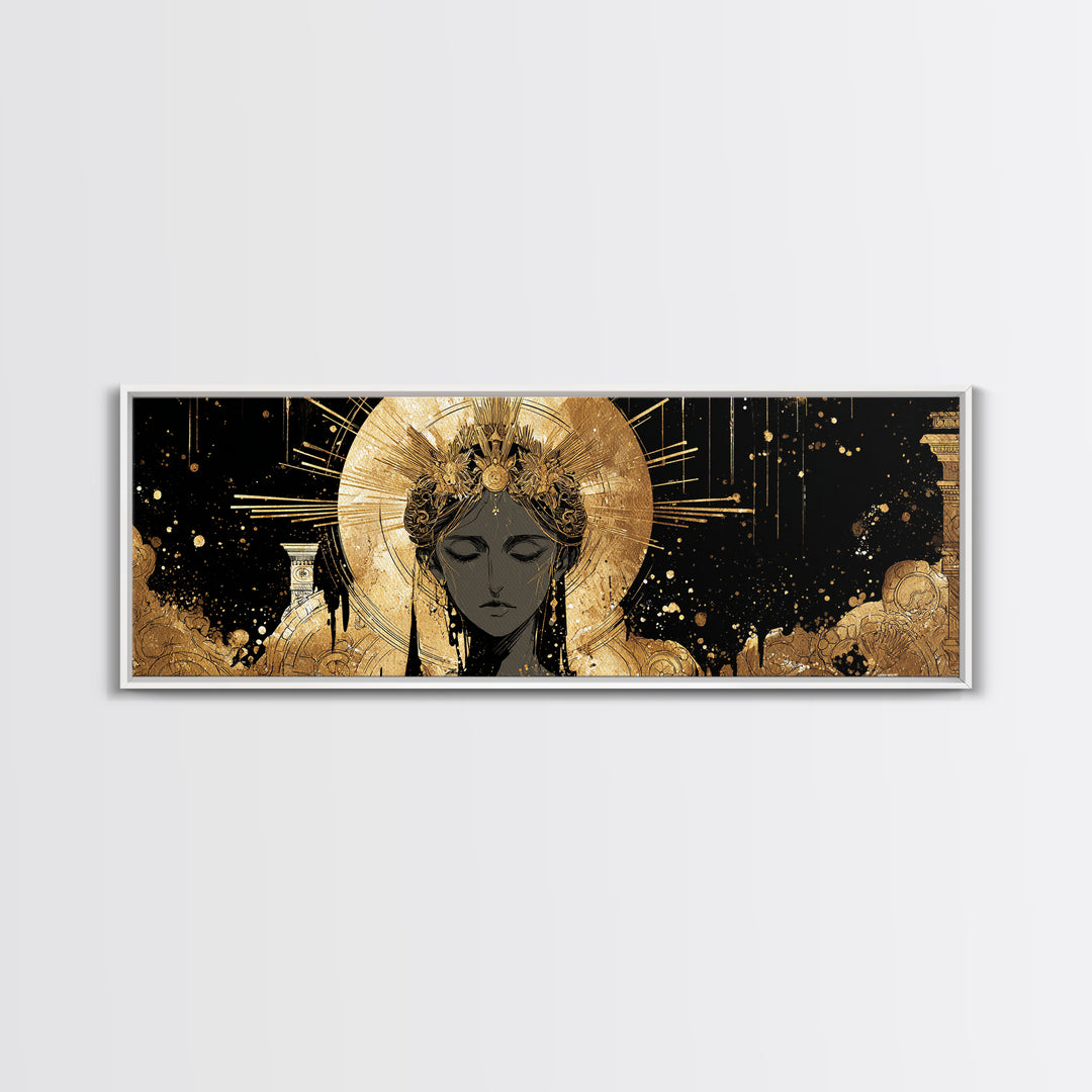 Hera Divine Gold Canvas Print, Greek Goddess Wall Art, Mythological Woman Portrait, Real Wood Frame, Elegant Home Decor