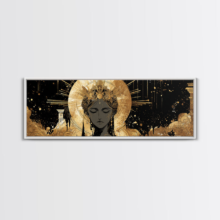Hera Divine Gold Canvas Print, Greek Goddess Wall Art, Mythological Woman Portrait, Real Wood Frame, Elegant Home Decor