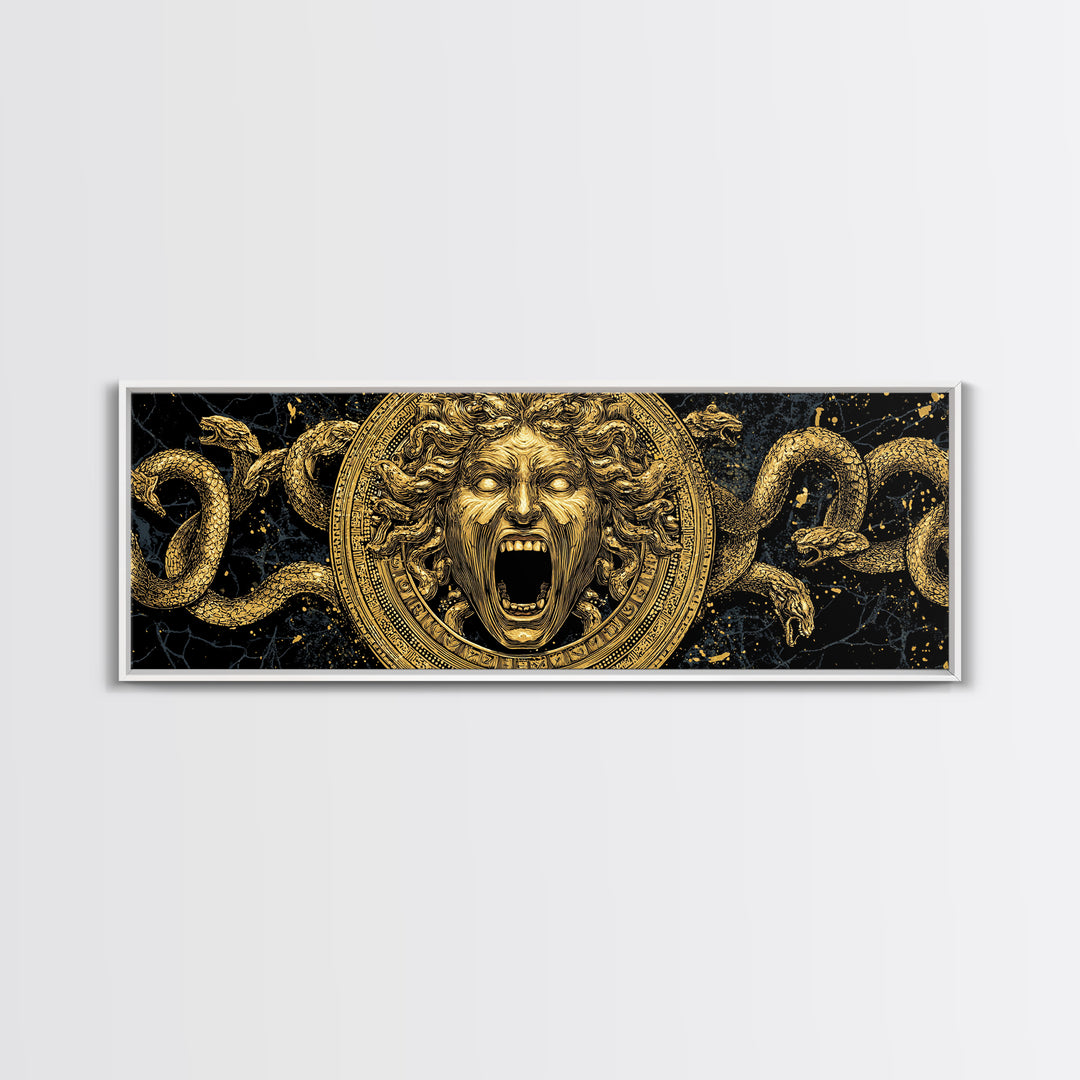 Medusa Gold Canvas Print, Mythology Wall Art, Serpent Hair Gorgon Illustration, Greek Goddess Decor, Real Wood Frame, Luxury