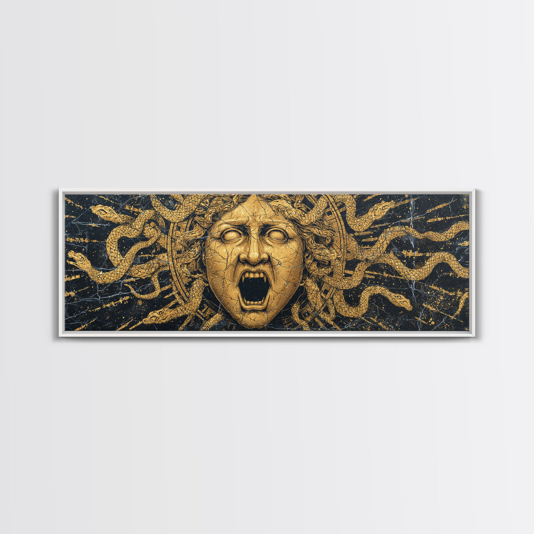Medusa Serpent Gold Canvas Print, Greek Mythology Wall Art, Gorgon Face Illustration, Real Wood Frame, Unique Statement Decor